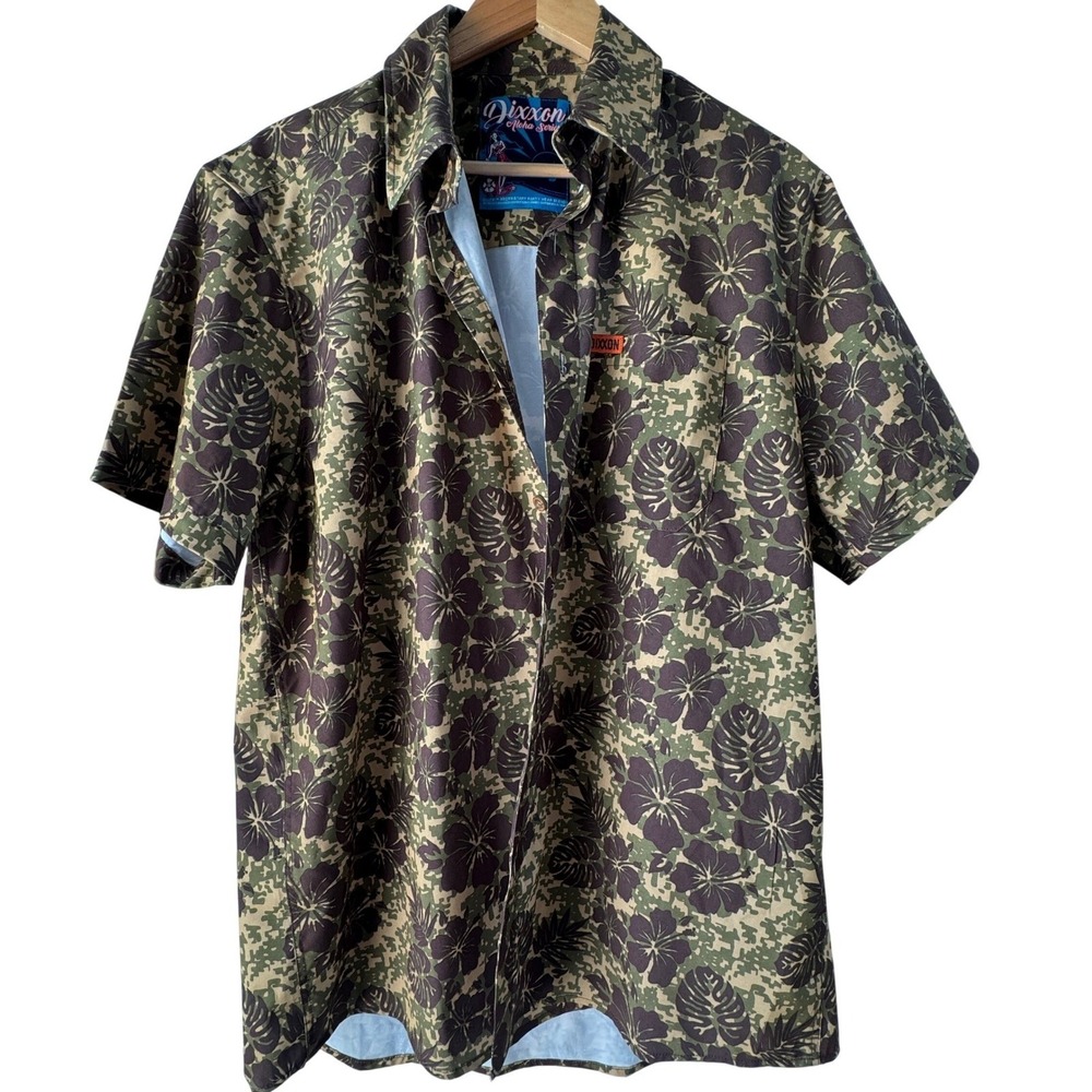 Dixxon Aloha Series Shirt L Green Brown Camo Hawaiian Floral Casual Button Down